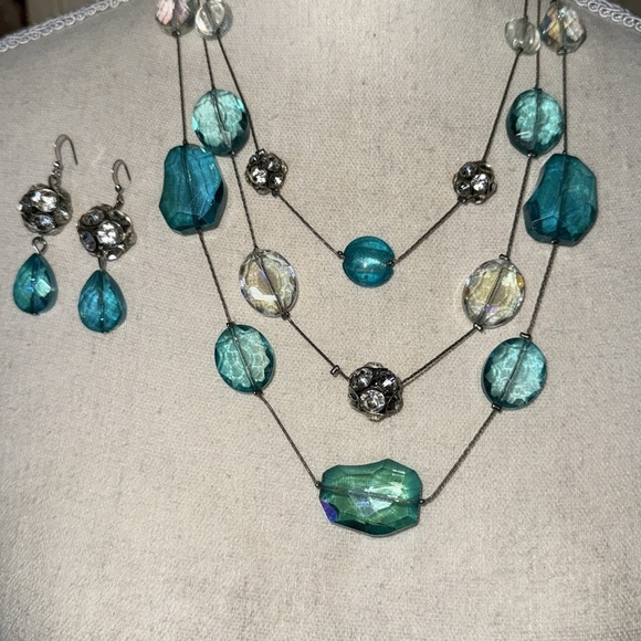 Teal & Crystal Beaded Multi-Strand Wire Necklace and Earring Set - Picture 8 of 10